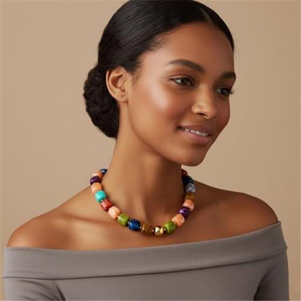 Colorful Chunky Resin Bead Necklace Women Multicolor Square Statement